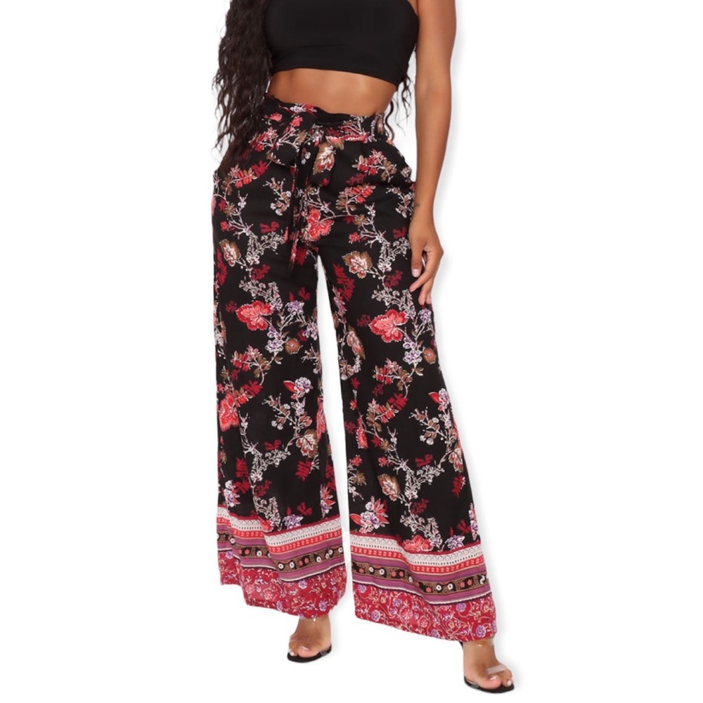 High Waist Floral Print Boho Wide Leg Pants